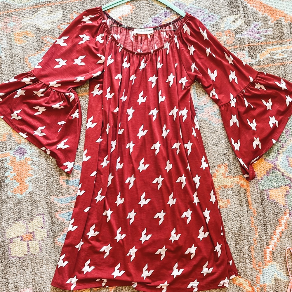 Crimson and white Aztec print bell sleeve dress size large